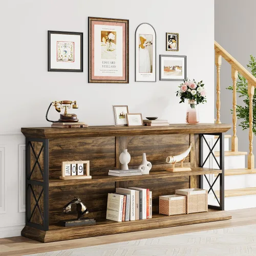 Miniatura 3 de Mesa de consola larga de 63 pulgadas con 3 niveles de almacenamiento para entrada, mesa de sofá de madera detrás del sofá para pasillo de sala