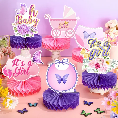 Miniatura 2 de Honoson 12 piezas de decoraciones de mariposa para baby shower para niña, centros de mesa de nido de abeja, suministros de fiesta de revelación