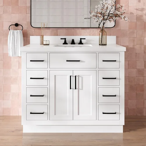 Miniatura 21 de DKB Isabella - Mueble de baño negro de 42 pulgadas con fregadero, lavabo rectangular, encimera de cuarzo blanco puro y protector contra salpicaduras