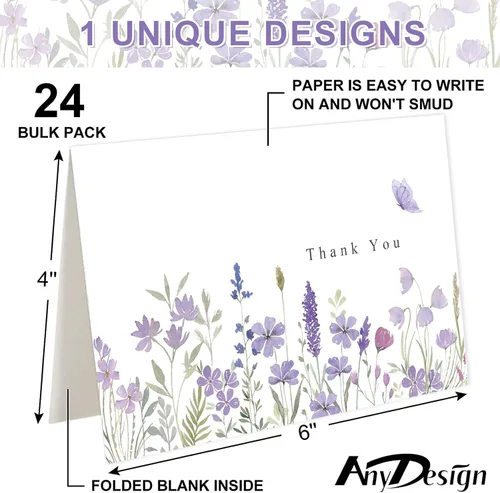 Miniatura 2 de AnyDesign Paquete de 24 tarjetas de agradecimiento de flores silvestres a granel, tarjetas de felicitación de flores moradas con adhesivo de sobre