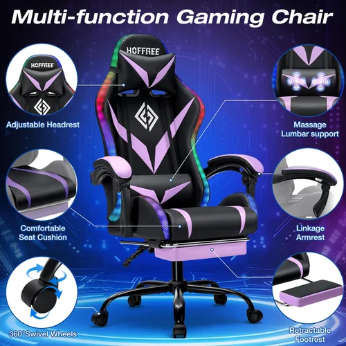 Miniatura 8 de Silla de juegos RGB con masaje y luces LED, silla de computadora ergonómica con reposapiés, silla reclinable de respaldo alto para videojuegos