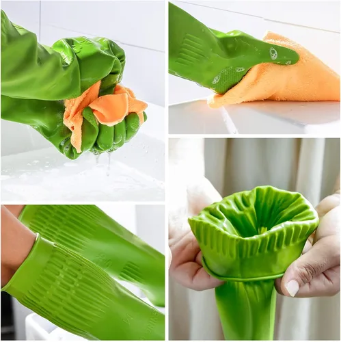 Miniatura 4 de Guantes para lavar platos 2 pares para cocina, guantes de limpieza de goma, guantes largos para lavar platos reutilizables. Verde
