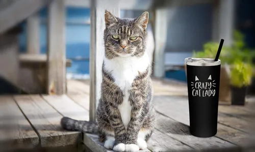 Miniatura 7 de Vaso de acero inoxidable aislado al vacío con tapa y pajita, taza temática de gatos para amantes de los gatos, taza para mamá y gato, taza