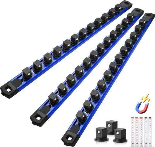 Miniatura 21 de Reniteco Juego de organizador de enchufes magnéticos, 3 piezas de 1/2 pulgada 3/8 pulgadas 1/4 pulgadas de aleación de aluminio con 40 clips Negro