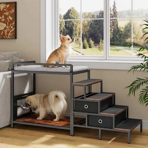 Miniatura 10 de kepptory Litera para mascotas con escaleras y almacenamiento, camas para perros fijadas a la cama humana, cuna para perros y gatos pequeños, Negro