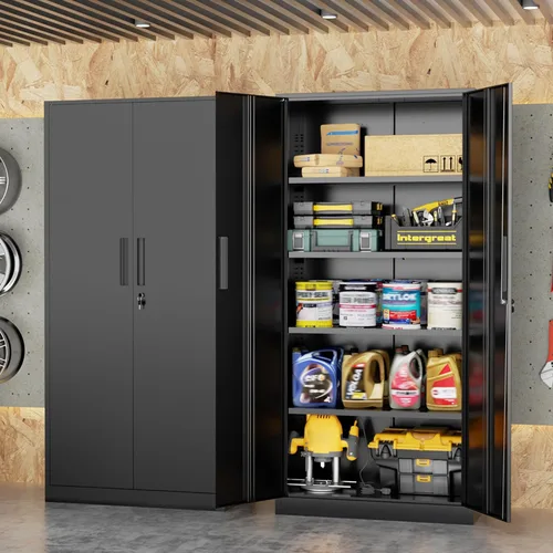 Miniatura 2 de INTERGREAT Gabinete de almacenamiento de acero con cerradura, gabinetes de almacenamiento de metal con cerradura con 2 estantes ajustables, gabinete