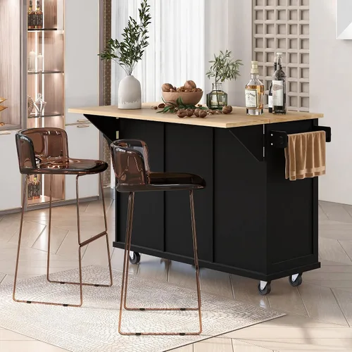 Miniatura 2 de Isla de cocina con encimera de hojas caídas, estantes de almacenamiento interno, carrito de cocina rodante con 5 ruedas con estantes abiertos y 3