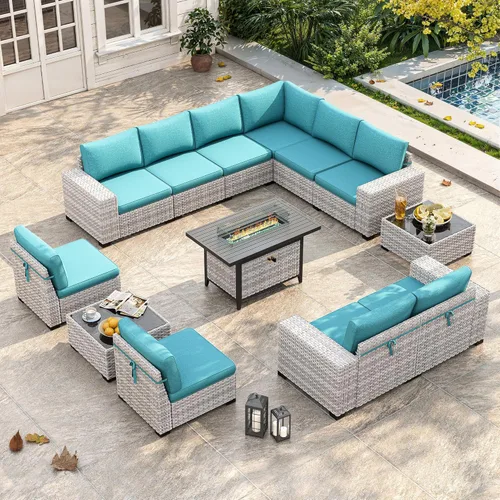 Miniatura 58 de Juego de muebles de mimbre para patio al aire libre de 3 piezas, sillas de patio giratorias mecedoras con respaldo alto con cojines gruesos de 4