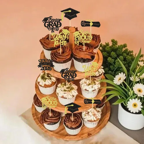 Miniatura 6 de Ercadio 36 piezas 2026 adornos para cupcakes con purpurina negra y dorada para graduación senior So Proud Of You Senior Class of 2026 Way to Go