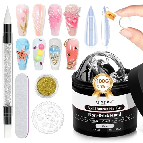 MIZHSE Gel constructor sólido de 3.53 oz para uñas, gel de escultura 3D transparente de gran capacidad para uñas, no pegajoso, modelado, extensión