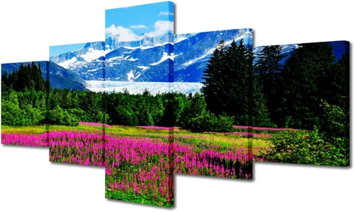 Miniatura 18 de TUMOVO Lienzo decorativo para pared de sala de estar, 5 paneles de naturaleza, Alaska, Estados Unidos, autopista alrededor de montañas, paisaje