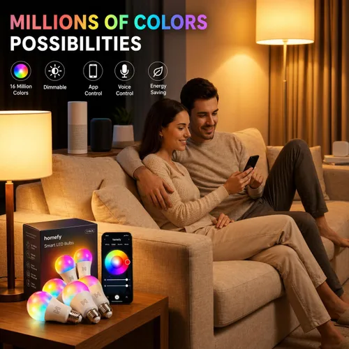 Miniatura 3 de Paquete de 2 bombillas inteligentes, LED A19 que cambian de color (800 lúmenes), WiFi y Bluetooth, sincronización de música, compatible con Alexa