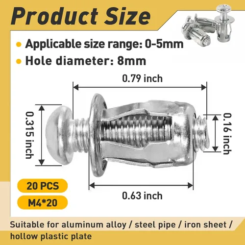 Miniatura 3 de 20 piezas M4 x 20 juego de anclajes para puerta hueca, anclajes de fijación para cavidades de metal para revestimiento de aluminio, tubo de acero