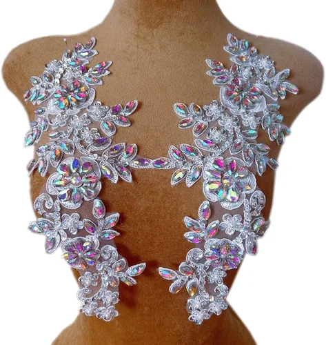 Miniatura 6 de 1 par de decoraciones de vestido de novia de 5.1 x 13.4 in, parches de encaje para coser con cuentas de diamantes de imitación sueltas, piedras