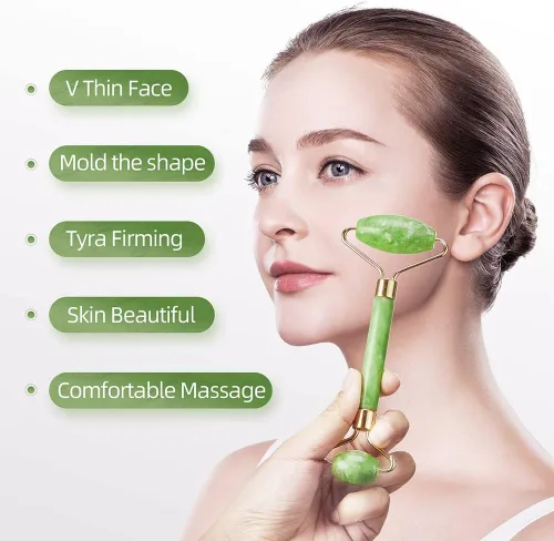 Miniatura 3 de AECW Juego de rodillo de jade natural 3 en 1 y Gua Sha para cara y ojos, rodillo de masaje de enfriamiento facial Rodillo de hielo rosa + rodillo