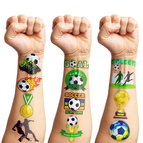 Miniatura 7 de 96 tatuajes temporales de fútbol para niños, calcomanías de fiesta deportiva con pelotas de fútbol y jugadores, divertidos recuerdos de fiesta