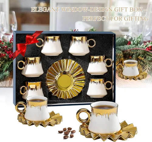Miniatura 6 de Juego de 6 tazas de café turco de cerámica de 3.5 onzas, tazas y platillos de porcelana para capuchino italiano británico con ribete dorado