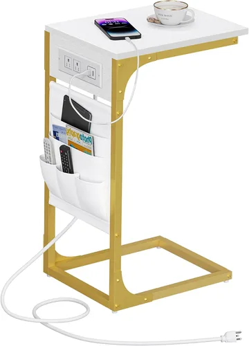 Miniatura 17 de TUTOTAK - Mesa auxiliar en forma de C, mesa lateral para sofá, mesa de sofá con bolsa de almacenamiento, bandeja para TV para sala de estar, Negro