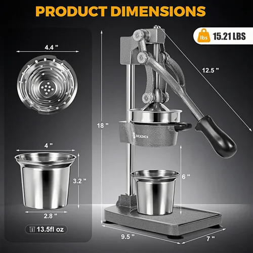 Miniatura 6 de Exprimidor de hierro fundido, prensa manual de cítricos, exprimidor de frutas de alta resistencia con piezas de acero inoxidable desmontables y base