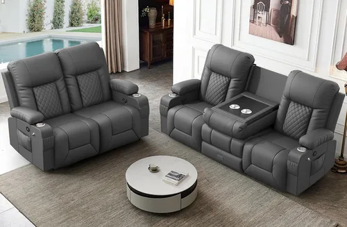 Miniatura 22 de FURNIMAT Sofá reclinable biplaza, sofá reclinable doble de 3 plazas con consola abatible, moderno sofá biplaza de cuero PU para sala de estar/casa