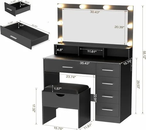 Miniatura 7 de ERLEJIA Escritorio de tocador con espejo y luces, mesa de maquillaje de espejo grande de 35.43 pulgadas con taburete, 5 cajones para dormitorio