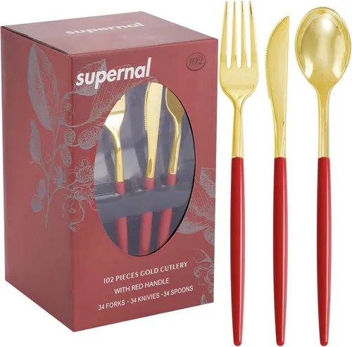 Miniatura 12 de Supernal 102 cubiertos de plástico dorados, cubiertos dorados con mango negro, colección de cubiertos desechables, incluye 34 tenedores de plástico