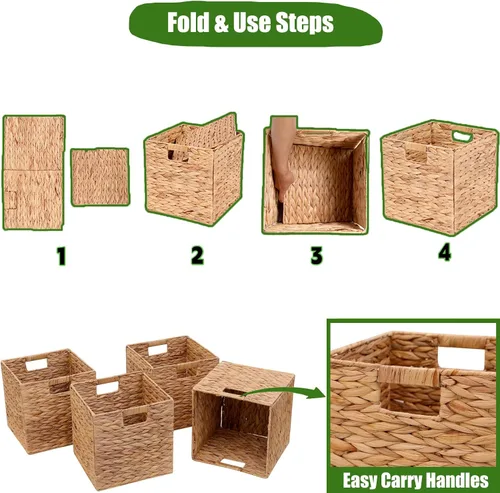 Miniatura 6 de JGJCYO9 Cestas de Almacenamiento 11x11 pulgadas Cestas Cubo 4 piezas Cestas, Organizador de Lavandería de Jacinto de Agua Tejido a Mano Plegable