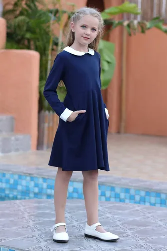 Miniatura 4 de GORLYA Vestido de fiesta casual de manga corta para niña con cuello Peter Pan ajustado y acampanado con bolsillos, 4-12 años