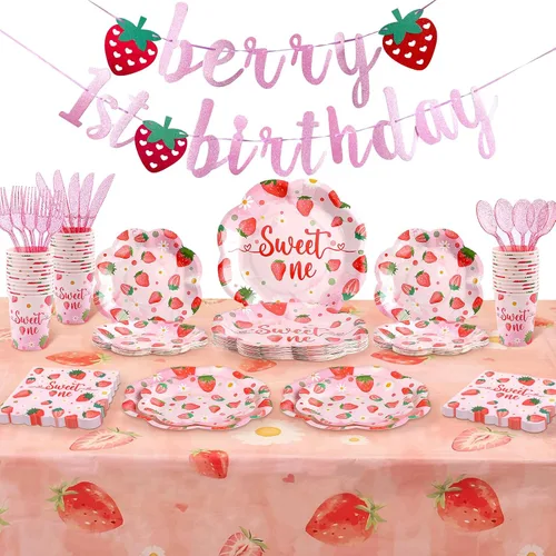 Miniatura 8 de Decoraciones de primer cumpleaños de fresa para niña, platos de primer cumpleaños de fresa para 24, platos de fresa, decoraciones de primer