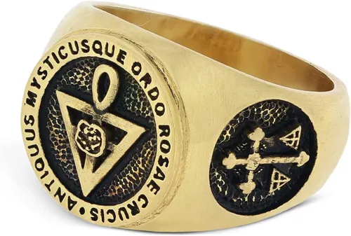 Anillo Antiquus Mysticusque Ordo Rosae Crucis Signet, Plata de Ley, Bañado en Oro, Rodio, 0.630 x 0.630 in, Anillo Masónico para Hombre