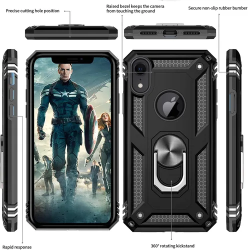 Miniatura 2 de Funda para iPhone XR con protector de pantalla de vidrio templado [2 unidades], con armadura de grado militar con soporte para anillo de coche