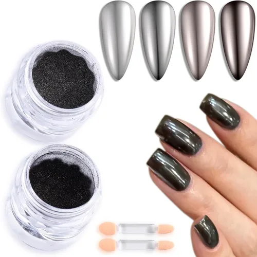 Polvo de uñas cromado negro, 2 piezas de efecto espejo metálico negro para uñas, polvo extrafino con purpurina oscura, polvo para frotar, polvo