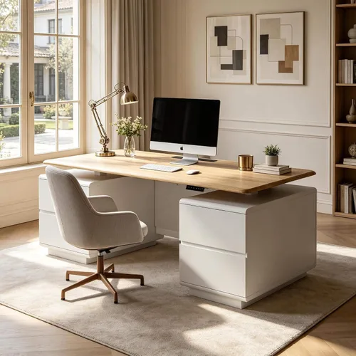 Miniatura 6 de SAINTCY Escritorio ejecutivo de 70.8 pulgadas con almacenamiento, moderno escritorio eléctrico de altura ajustable de color blanco, pedestales