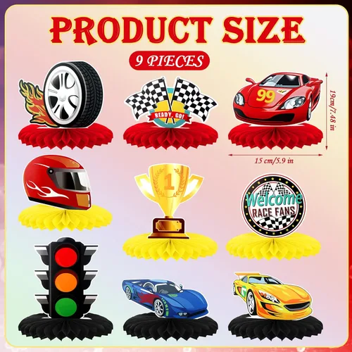 Miniatura 2 de Inbagi 9 piezas de decoración de fiesta de autos de carreras, centros de mesa de panal de abeja, decoración de mesa de fiesta de doble cara