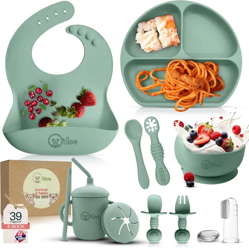 Miniatura 6 de O'doe Juego de alimentación para bebé de 17 piezas sin BPA de silicona Placas de succión gruesas y suaves, tazones para bebé, tenedor y cuchara