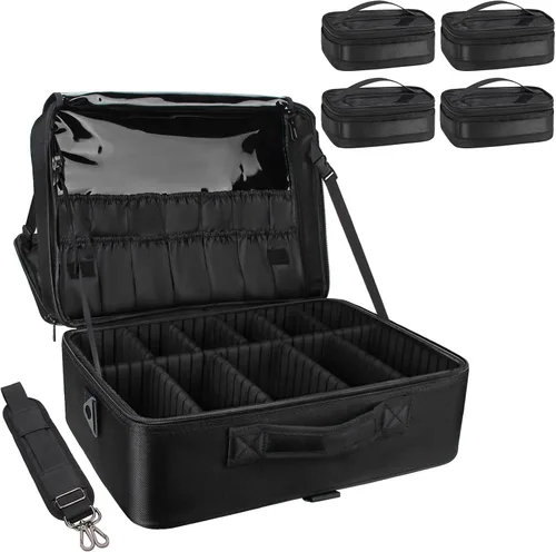 Miniatura 11 de Organizador profesional de cosméticos Travelmall, estuche de formación, de 3 capas, multifunción, en negro, caja artística para cosméticos, cepillos
