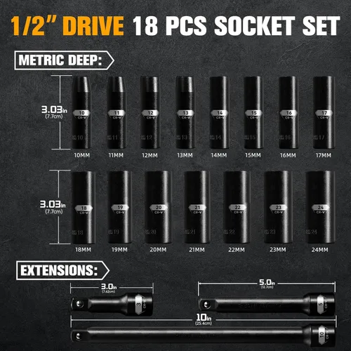 Miniatura 5 de Juego de 18 piezas de llaves de impacto profundo de 1/2 pulgada, estándar de 6 puntas, tamaños métricos (10 mm - 24 mm), acero Cr-V, con barras