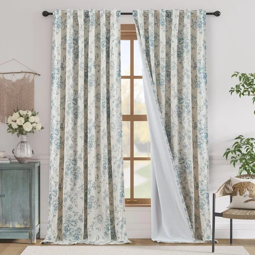 Miniatura 86 de Jinchan Cortinas de Mezcla de Lino con Estampado Floral para Sala de Estar, 84 Pulgadas de Largo, Cortinas con Bolsillo para Varilla y Tab Trasera
