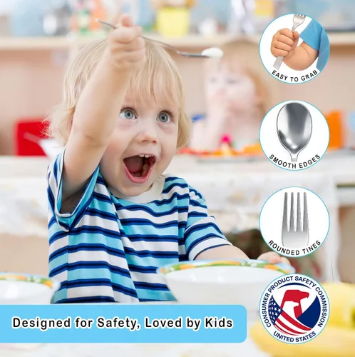Miniatura 7 de Juego de cubiertos de acero inoxidable de 12 piezas para niños, cubiertos seguros para niños y niños, juego de utensilios para niños, juego