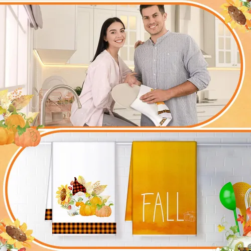 Miniatura 4 de Bencailor Juego de 4 toallas de cocina de Acción de Gracias, diseño de gnomo, calabazas, gnomo, absorbente de otoño, para hornear, cocinar