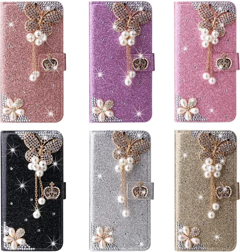 Miniatura 4 de XYX Funda tipo cartera para Samsung Galaxy A32 5G, Bling Glitter Crown Butterfly Diamond Flip Card Slot Luxury Girl Women Phone Cover - Negro