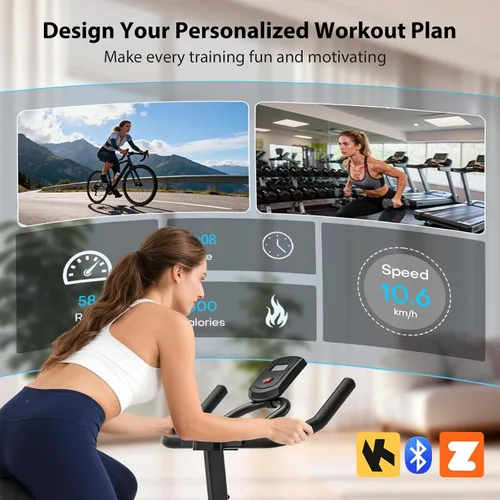 Miniatura 2 de Exercise Bike, Wenoker Magnetic Stationary Bike for Home App Sync Indoor Bike with Adjustable Seat and Handlebar, Transport Wheels and Fitness