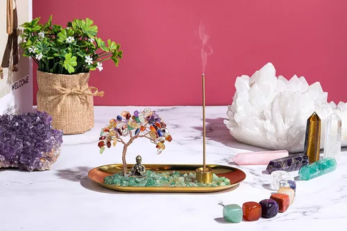 Miniatura 3 de Jovivi Soporte de incienso de cristal para palos, piedra de cristal curativo, árbol de dinero, juego de estatua de Buda, quemador de incienso