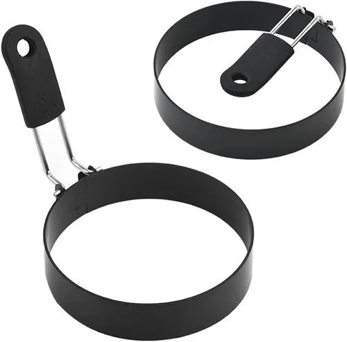 Anillos de huevo de 3.5 pulgadas para freír huevos y magdalenas inglesas, anillos de huevo de acero inoxidable con mango plegable, paquete de 2,