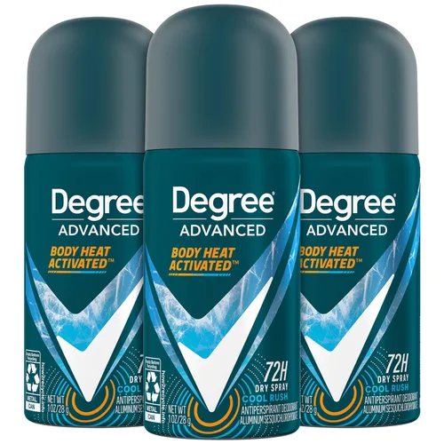 Degree Desodorante de viaje para hombre, antitranspirante, paquete de 3 – 72H Advanced Protection Dry Spray, aroma Cool Rush, 1 oz Ea