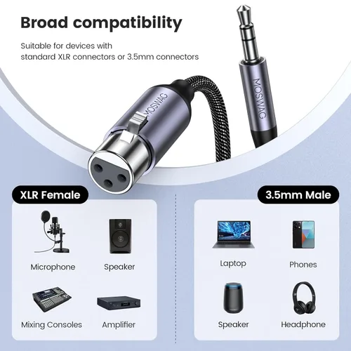 Miniatura 2 de MOSWAG Cable XLR a 0.138 in de 3 pies, cable hembra de 1/8 pulgadas a XLR, cable TRS de 1/8 pulgadas a micrófono hembra de 3 pines, estéreo