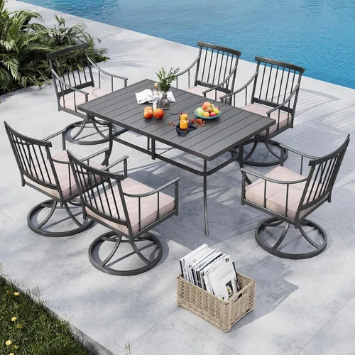 Miniatura 20 de MFSTUDIO Juego de comedor de 5 piezas de metal para patio, juego de muebles para exteriores con 1 mesa cuadrada de madera y 6 sillas de respaldo