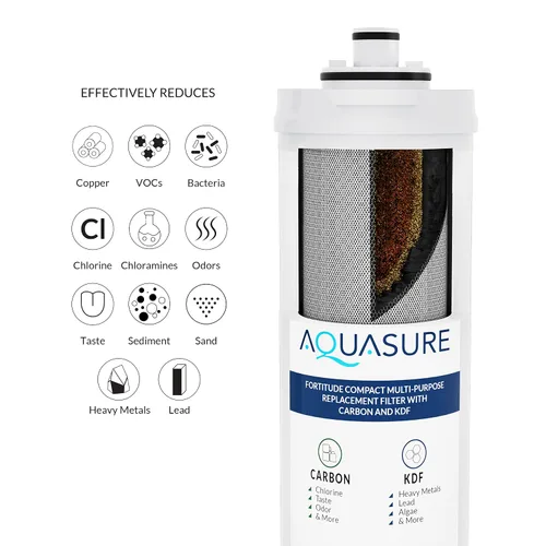 Miniatura 3 de Aquasure Fortitude - Filtro compacto de repuesto multiusos para debajo del fregadero de 10 K galones con carbono/KDF, reduce el cloro, el plomo