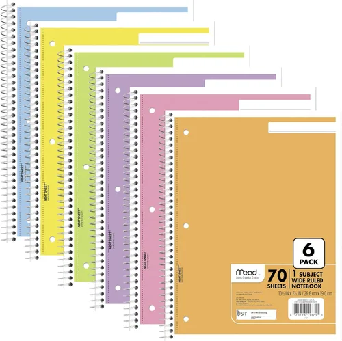 Miniatura 11 de Mead Cuaderno de espiral, paquete de 6, 1 materia, papel rayado universitario, 7-1/2 x 10-1/2 pulgadas, 70 hojas por cuaderno, colores brillantes