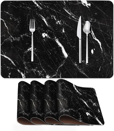 Juego de 4 manteles individuales de piel sintética, estilo vintage, color negro, para mesa de comedor, suaves y de fácil almacenamiento, resistentes